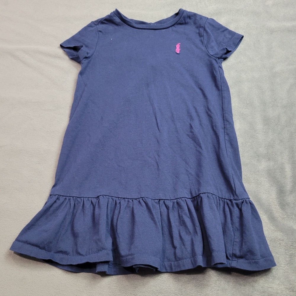 Ralph Lauren Navy Blue Toddler Girls Cotton Short-Sleeve Dress W/ Pink Logo & Ru